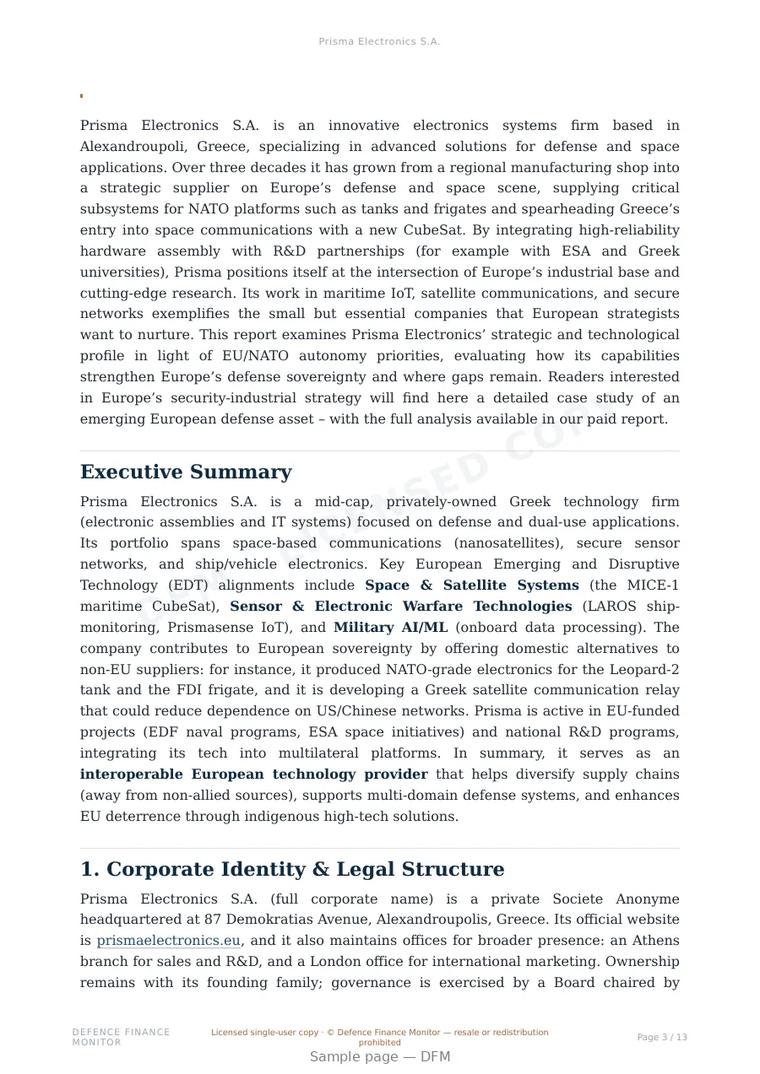Sample page from “Prisma Electronics S.A.” — 14-page report
