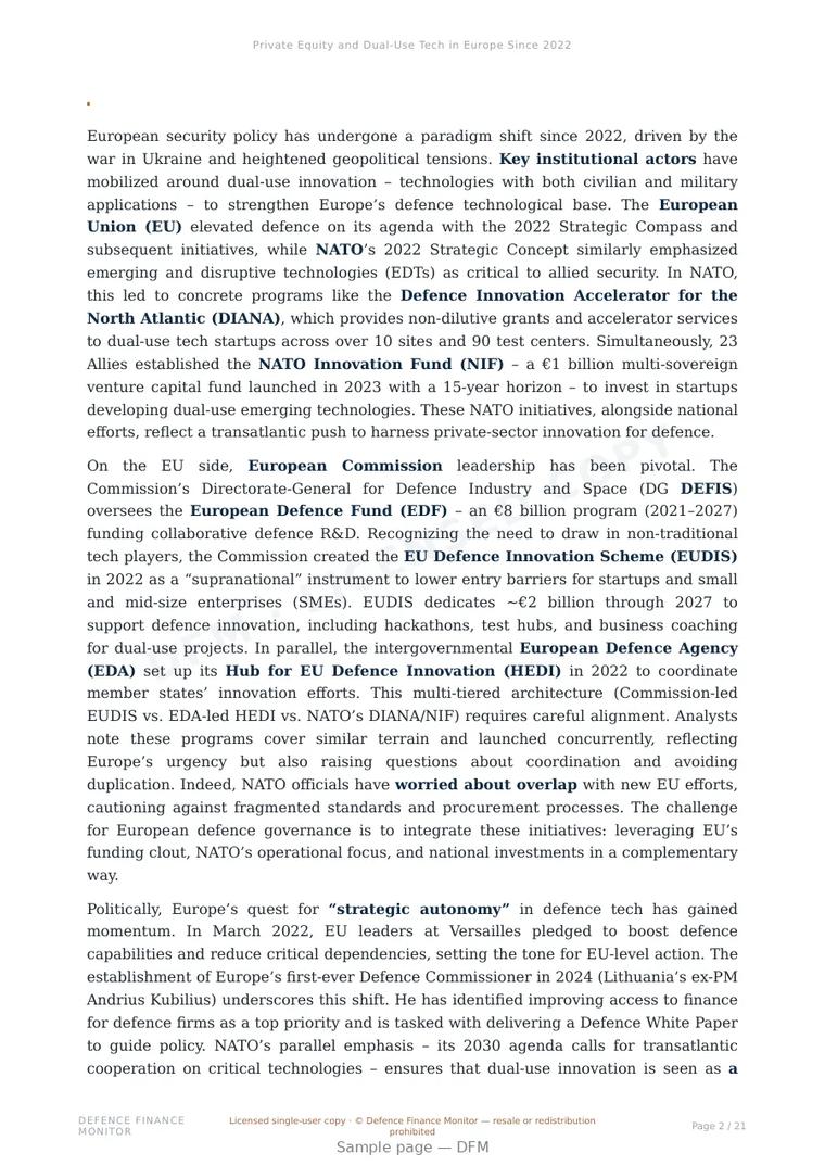 Sample page from “Private Equity and Dual-Use Tech in Europe Since 2022” — 22-page report