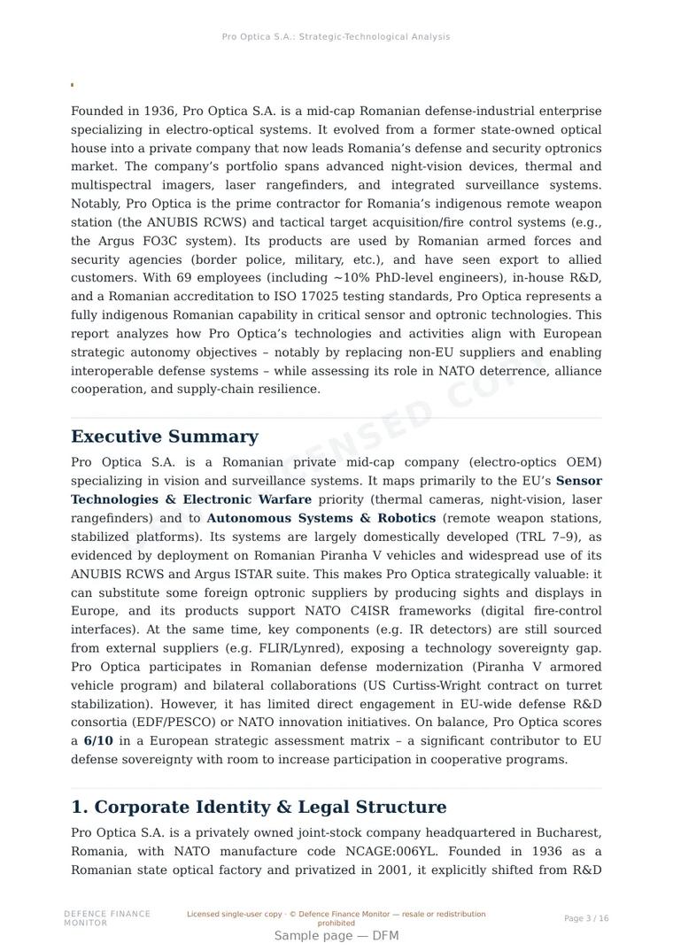 Sample page from “Pro Optica S.A. — Romania defence company” — 17-page report