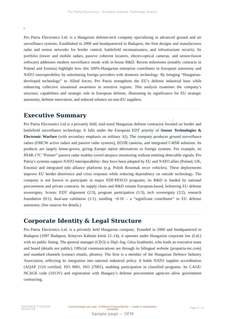 Sample page from “Pro Patria Electronics – European Defense Technology Analysis” — 14-page report