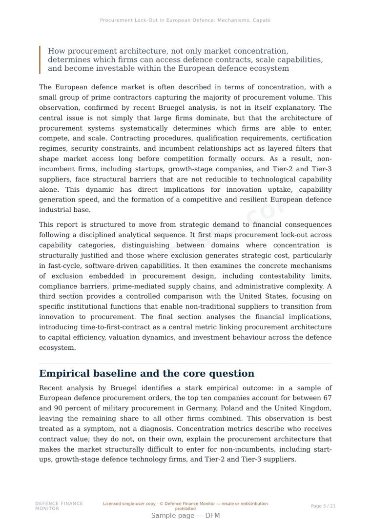 Sample page from “Procurement Lock-Out in European Defence: Mechanisms, Capability Costs, and Capital Effects” — 22-page report