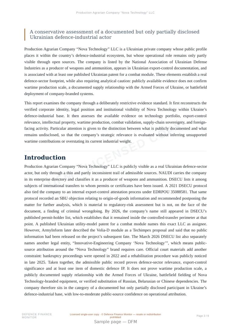 Sample page from “Production Agrarian Company “Nova Technology” LLC” — 9-page report