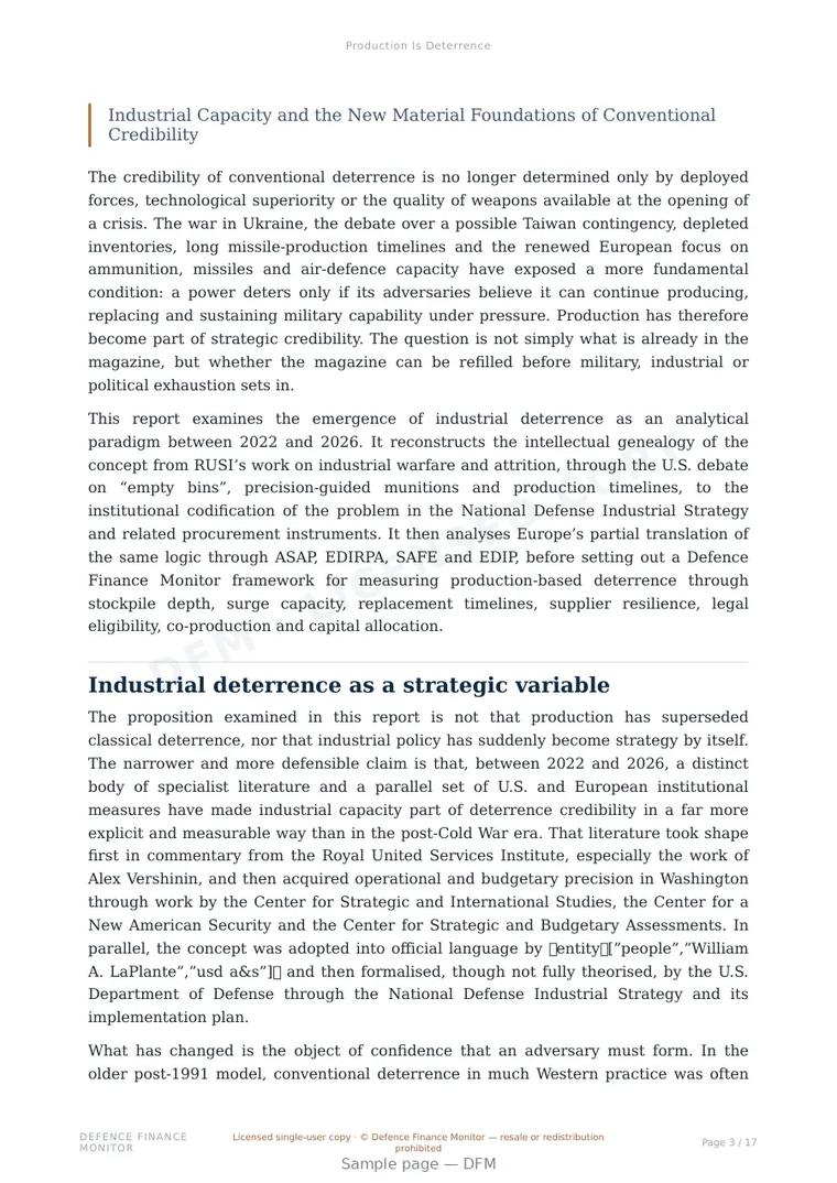 Sample page from “Production Is Deterrence” — 18-page report