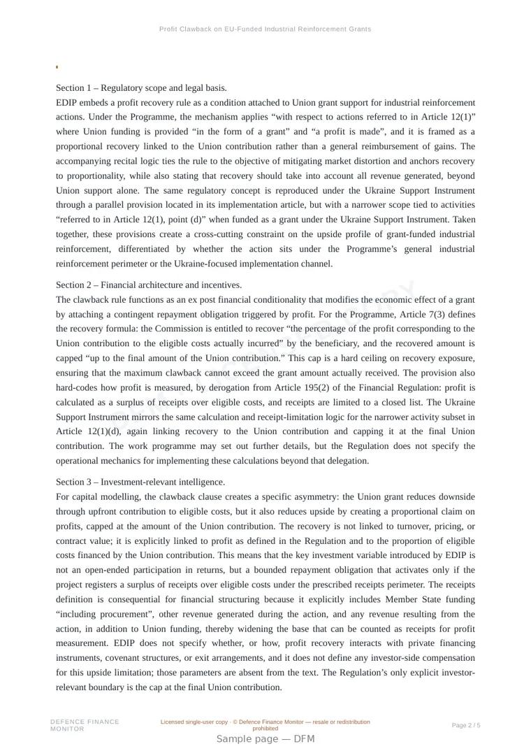 Sample page from “Profit Clawback on EU-Funded Industrial Reinforcement Grants” — 6-page report