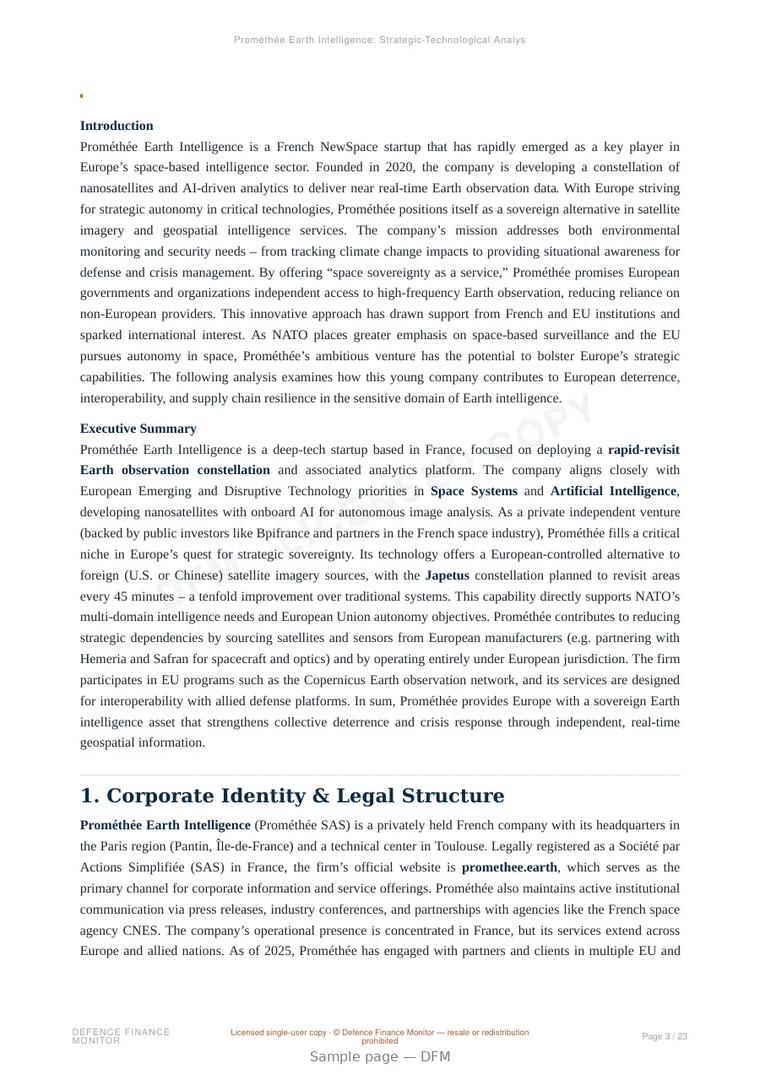 Sample page from “Prométhée Earth Intelligence — France space-based isr company” — 24-page report