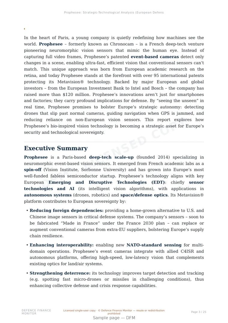 Sample page from “Prophesee — France electro-optical company” — 26-page report