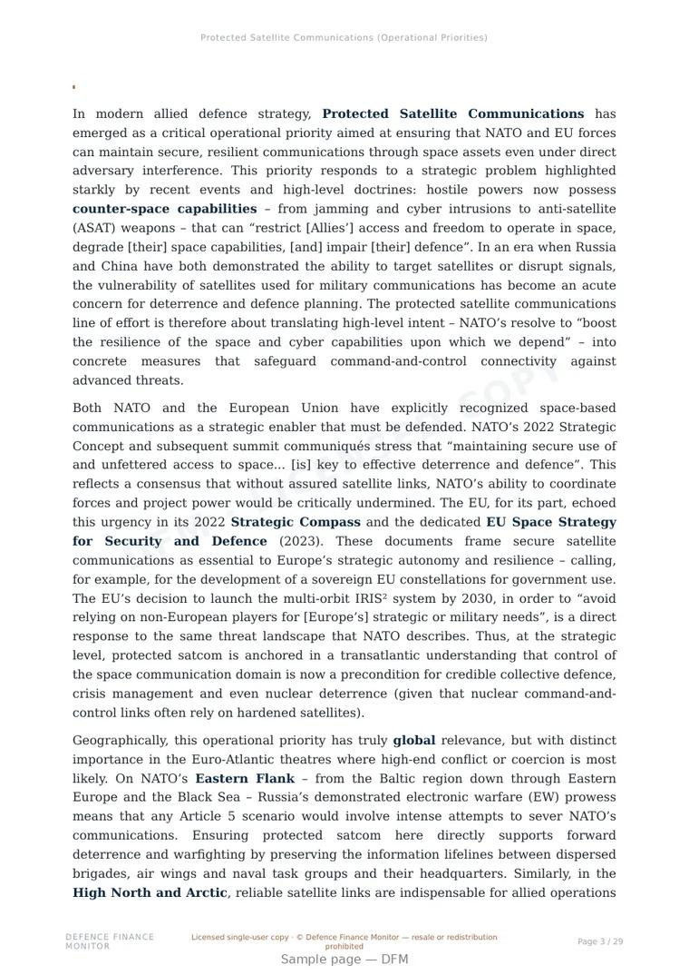 Sample page from “Protected Satellite Communications (Operational Priorities)” — 30-page report