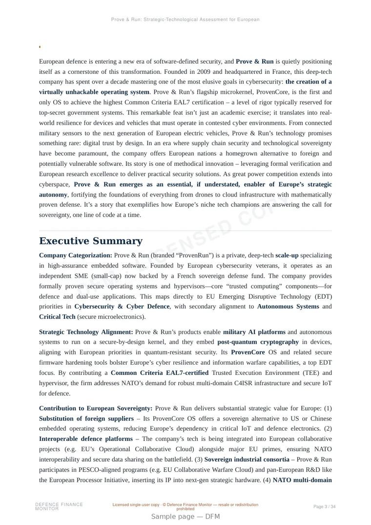 Sample page from “Prove & Run: Strategic-Technological Assessment for European Defense and Sovereignty” — 35-page report