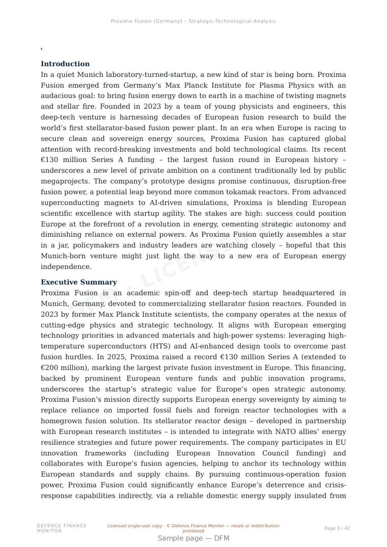 Sample page from “Proxima Fusion — Germany nuclear microreactors company” — 43-page report