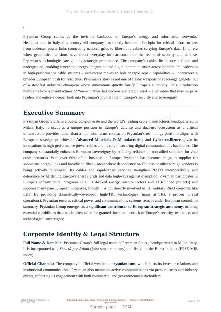 Sample page from “Prysmian Group: A Strategic Asset for Europe’s Energy and Data Security” — 30-page report
