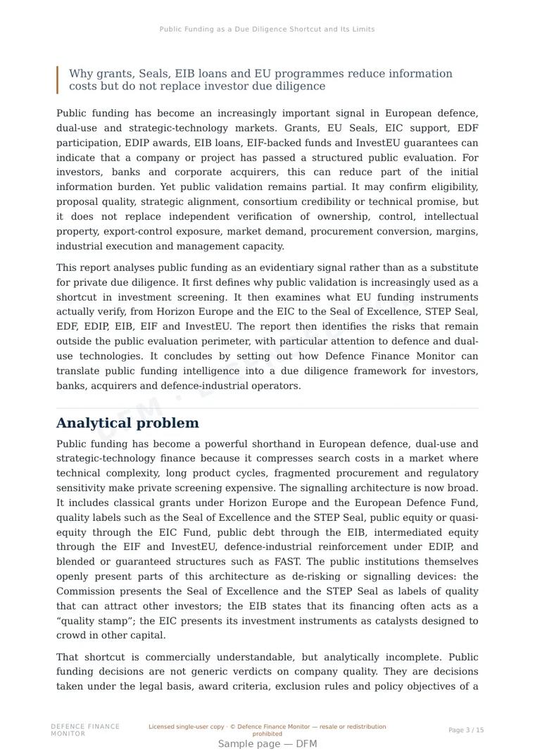 Sample page from “Public Funding as a Due Diligence Shortcut and Its Limits” — 16-page report