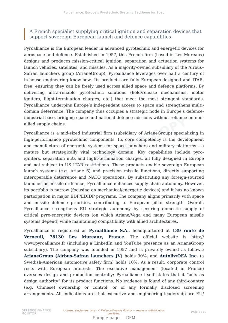Sample page from “Pyroalliance: Europe’s Pyrotechnic Systems Backbone for Space and Defence” — 11-page report
