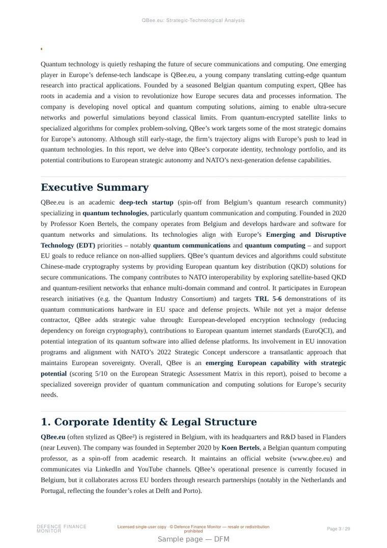 Sample page from “QBee.eu — Belgium quantum company” — 30-page report