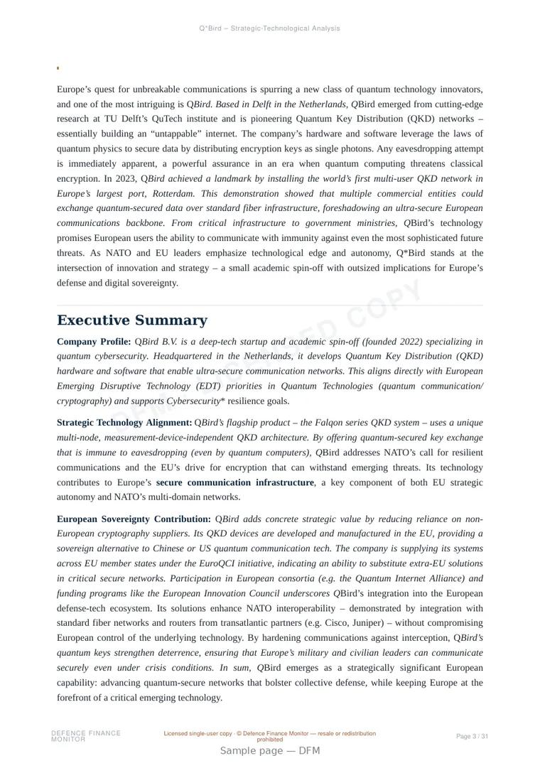 Sample page from “Q*Bird — Netherlands quantum communications company” — 32-page report