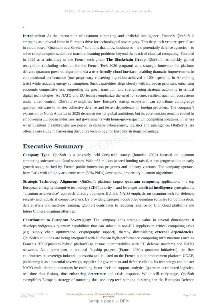 Sample page from “QbitSoft: Quantum Software and ‘Quantum as a Service’ for European Defence and Strategic Autonomy” — 35-page report