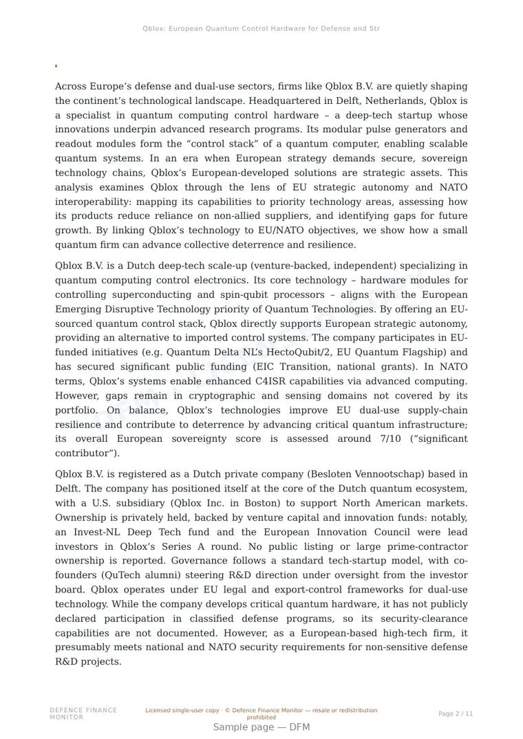 Sample page from “Qblox: European Quantum Control Hardware for Defense and Strategic Autonomy” — 12-page report