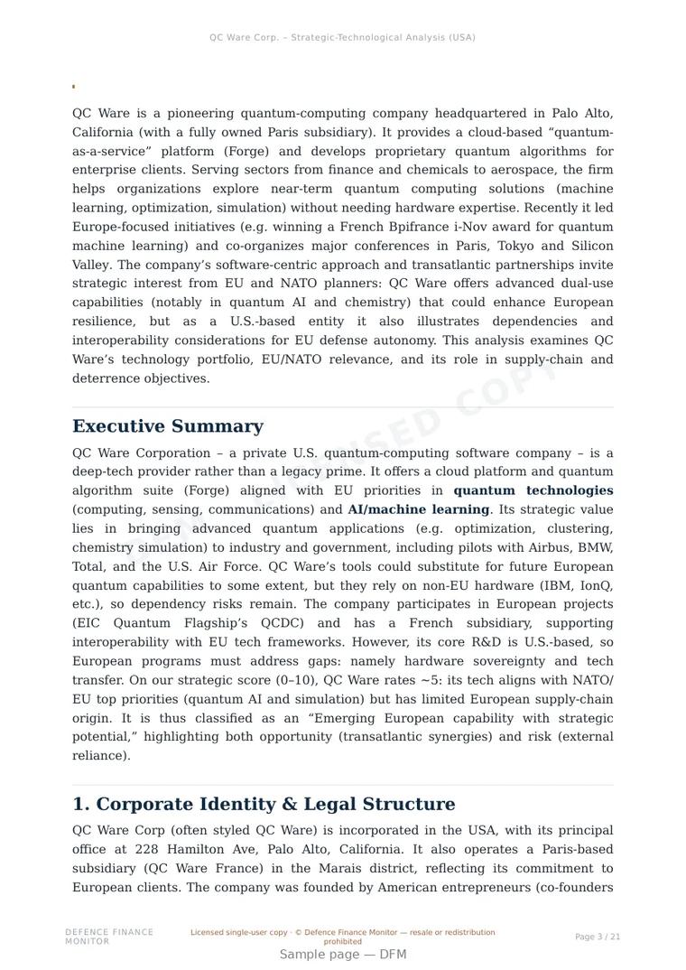 Sample page from “QC Ware Corp. — United States quantum company” — 22-page report
