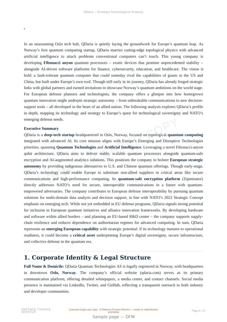Sample page from “QDaria — Norway quantum company” — 38-page report