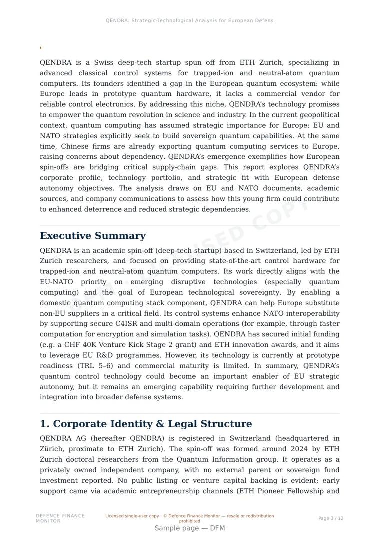 Sample page from “QENDRA — Switzerland quantum company” — 13-page report