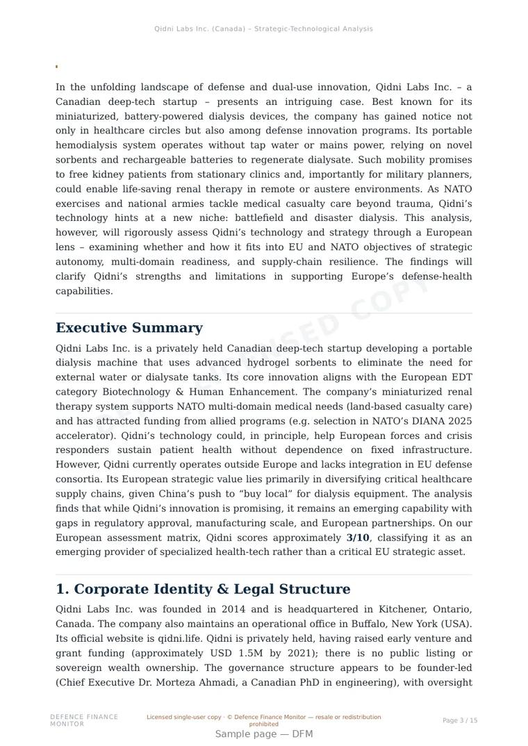 Sample page from “Qidni Labs Inc. — Canada military medical tech company” — 16-page report