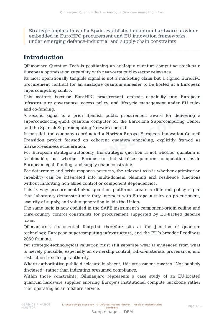 Sample page from “Qilimanjaro Quantum Tech — Analogue Quantum Annealing Infrastructure for European HPC Sovereignty” — 18-page report