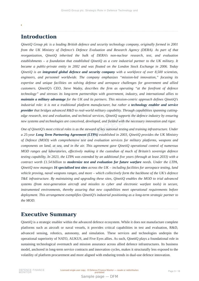 Sample page from “QinetiQ Group plc: Strategic Role in Defence Technology and Alliances” — 19-page report