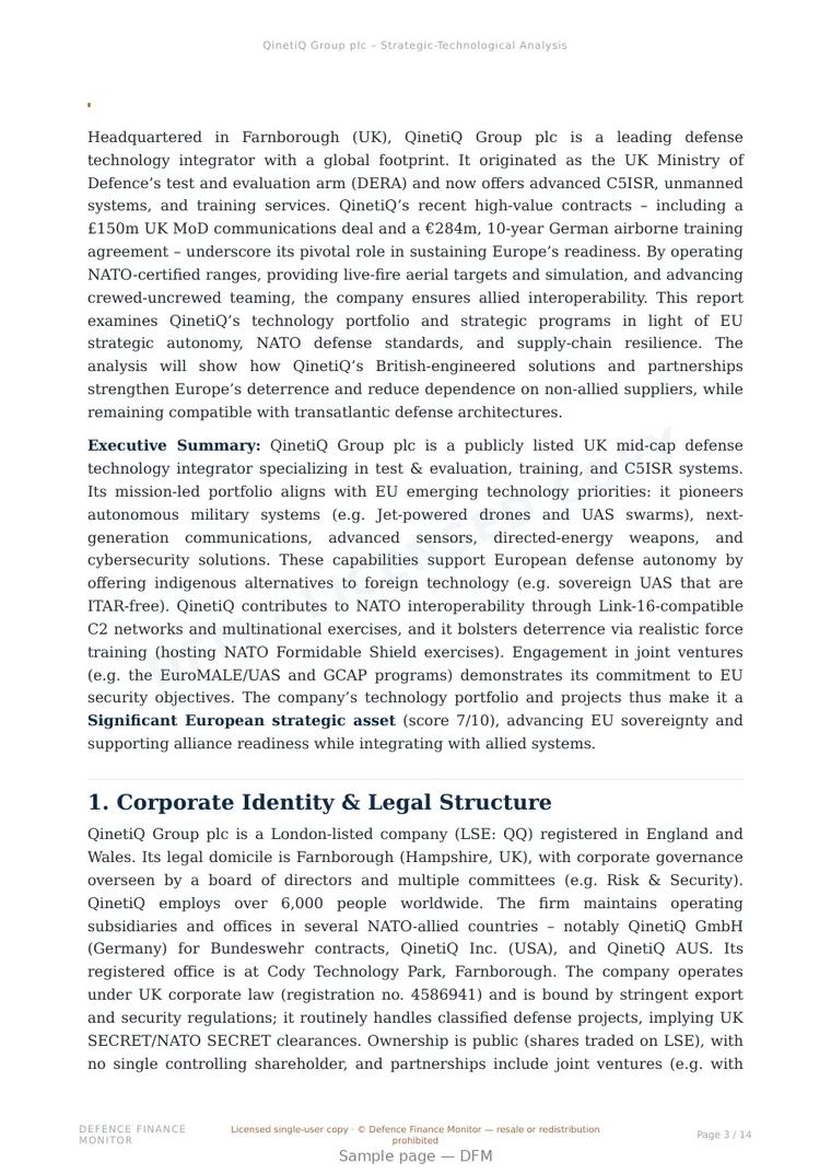 Sample page from “QinetiQ Group plc — United Kingdom command company” — 15-page report