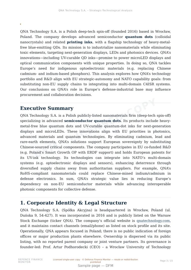 Sample page from “QNA Technology S.A. — Poland nanomaterials company” — 16-page report