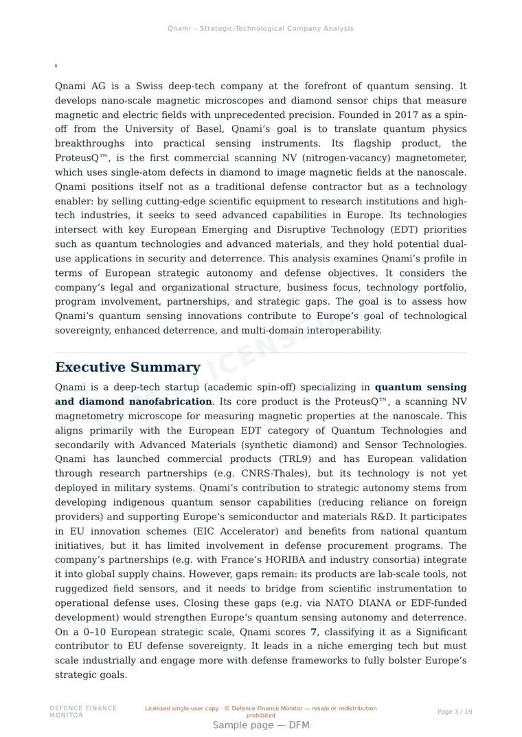 Sample page from “Qnami – Strategic-Technological Company Analysis” — 20-page report