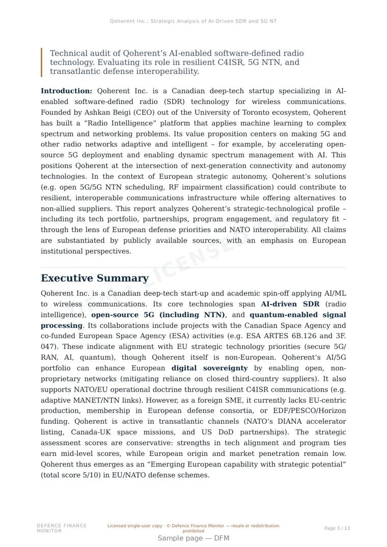 Sample page from “Qoherent Inc.: Strategic Analysis of AI-Driven SDR and 5G NTN” — 14-page report
