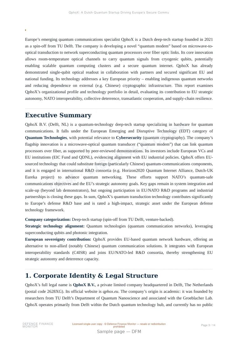 Sample page from “QphoX: A Dutch Quantum Startup Driving Europe’s Secure Communications Autonomy” — 15-page report
