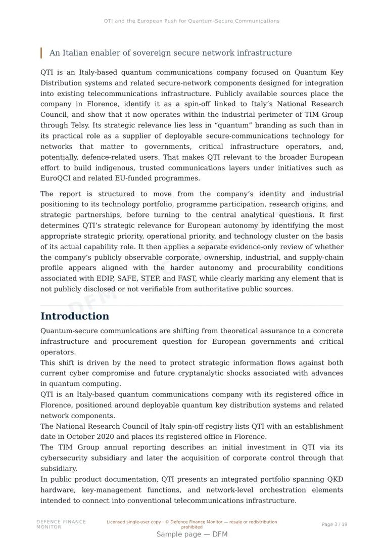 Sample page from “QTI and the European Push for Quantum-Secure Communications: Market & Sovereignty Positioning” — 20-page report
