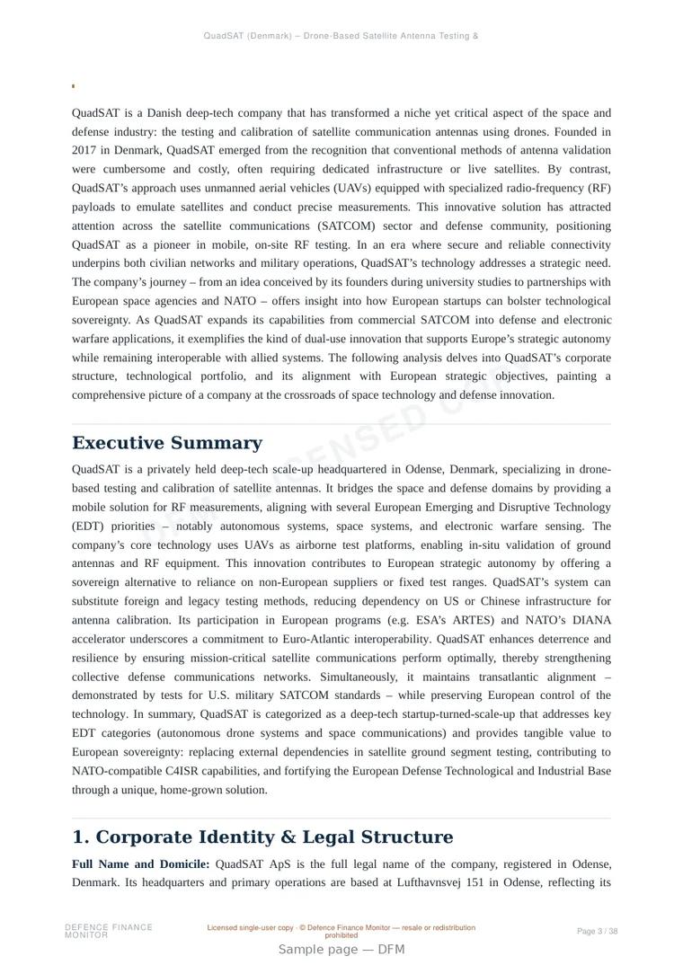 Sample page from “QuadSAT (Denmark) – Drone-Based Satellite Antenna Testing & Calibration” — 39-page report