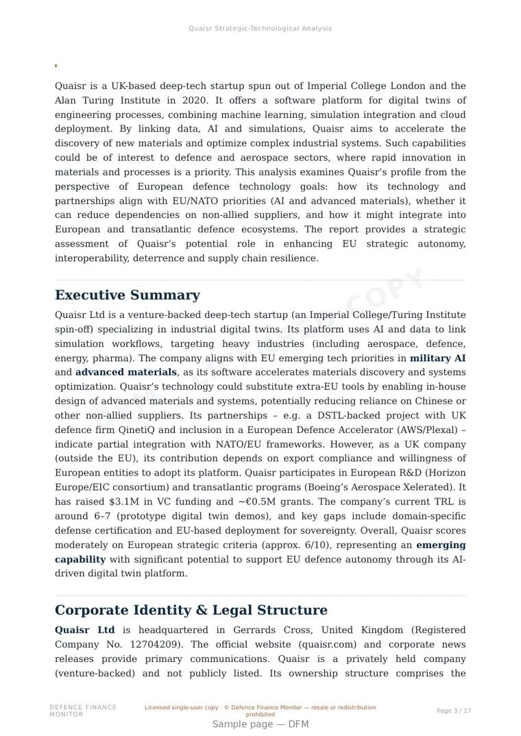 Sample page from “Quaisr — United Kingdom digital twins company” — 18-page report