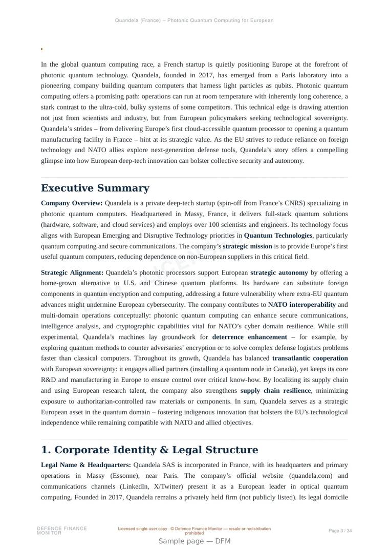 Sample page from “Quandela (France) – Photonic Quantum Computing for European Strategic Autonomy” — 35-page report