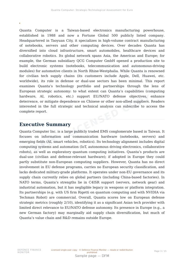Sample page from “Quanta Computer: Strategic-Technological Assessment for European Defense and Dual-Use Autonomy” — 16-page report