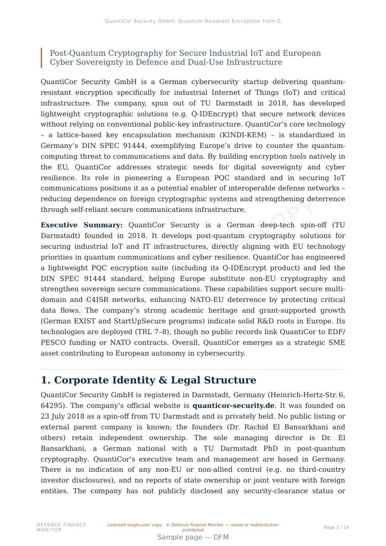 Sample page from “QuantiCor Security GmbH: Quantum-Resistant Encryption from Germany” — 17-page report