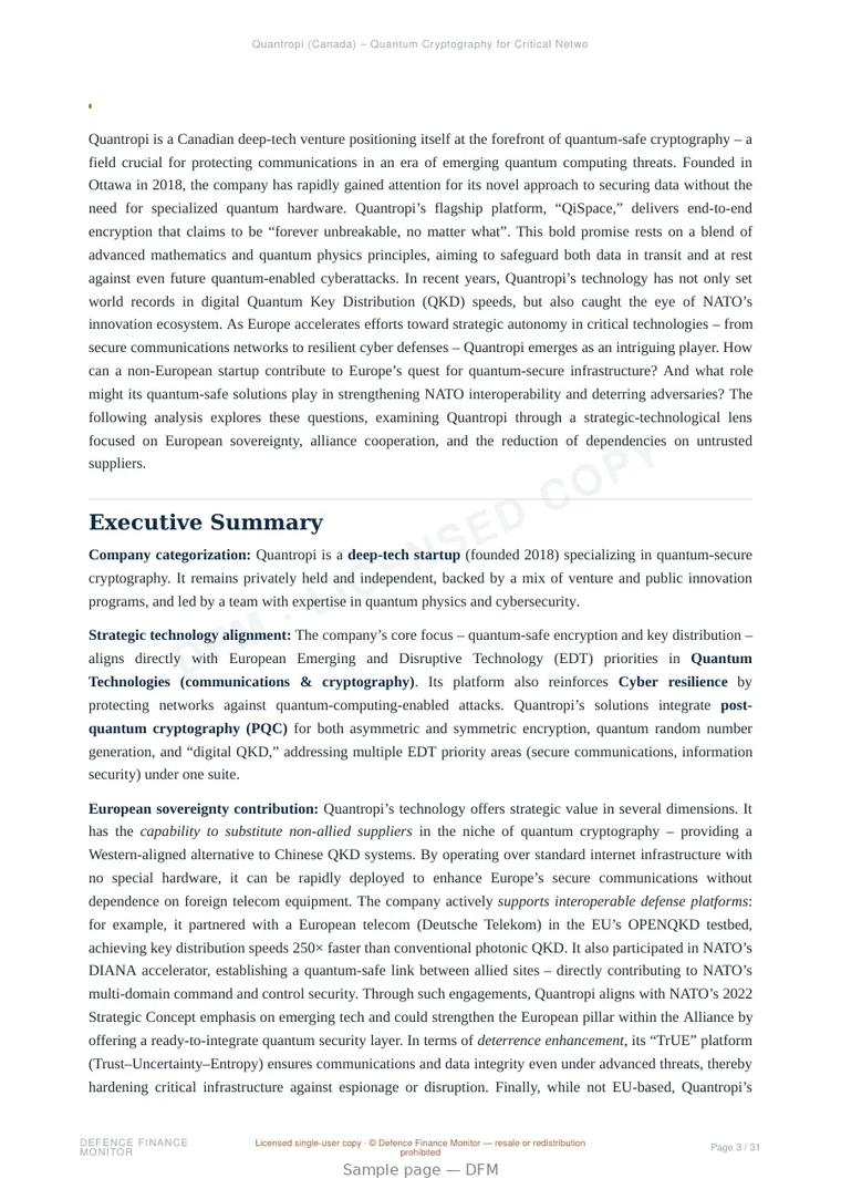 Sample page from “Quantropi (Canada) – Quantum Cryptography for Critical Networks and Infrastructure” — 32-page report
