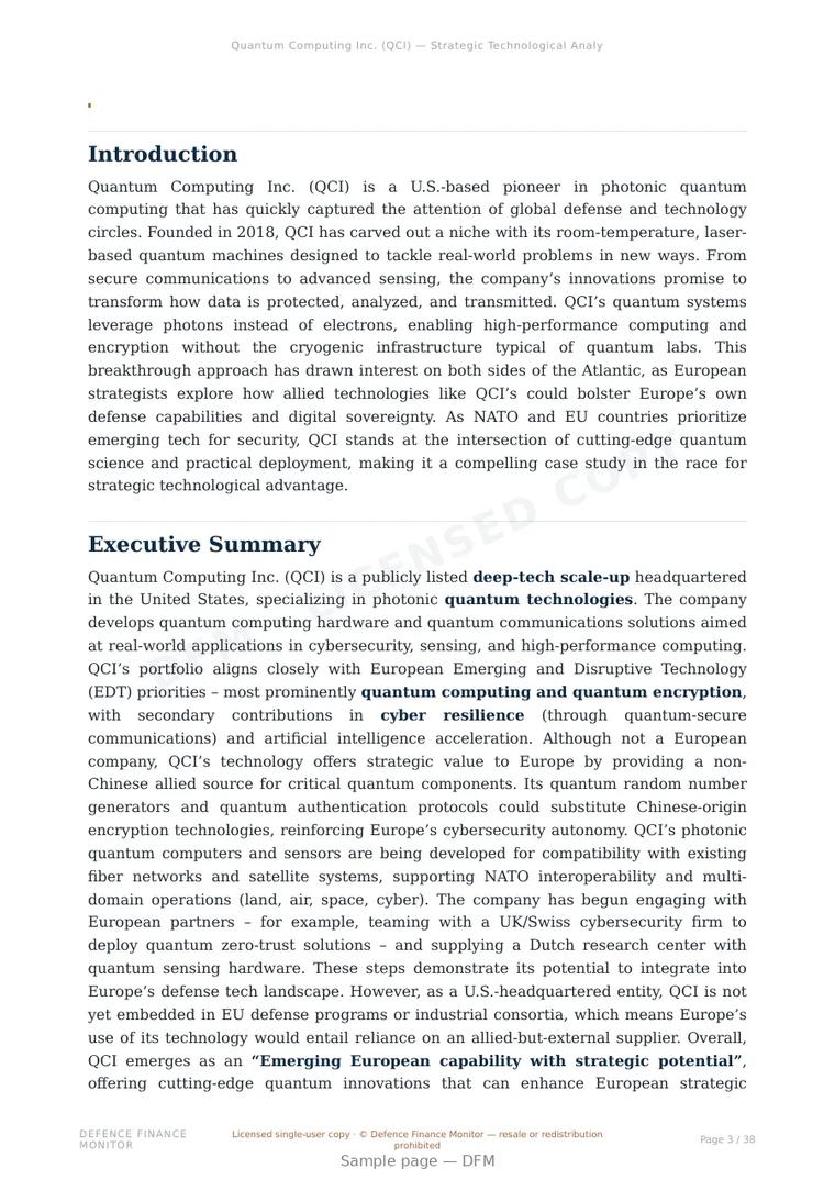 Sample page from “Quantum Computing Inc. (QCI) — Strategic Technological Analysis” — 39-page report