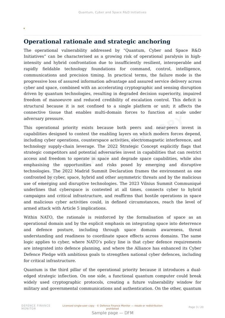 Sample page from “Quantum, Cyber and Space R&D Initiatives” — 21-page report