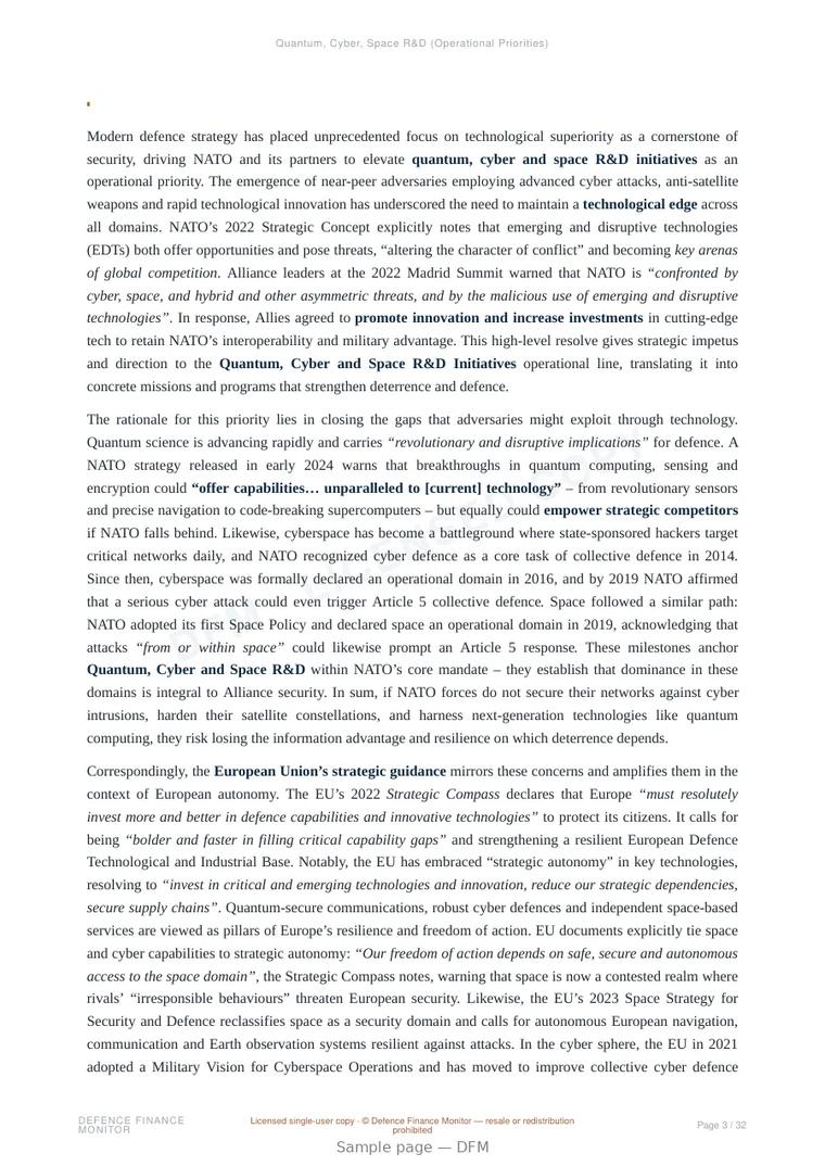 Sample page from “Quantum, Cyber, Space R&D (Operational Priorities)” — 33-page report