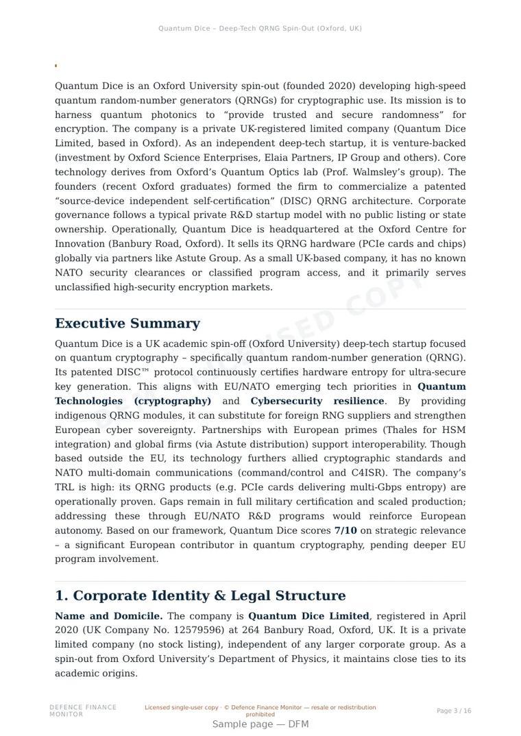 Sample page from “Quantum Dice – Deep-Tech QRNG Spin-Out (Oxford, UK)” — 17-page report