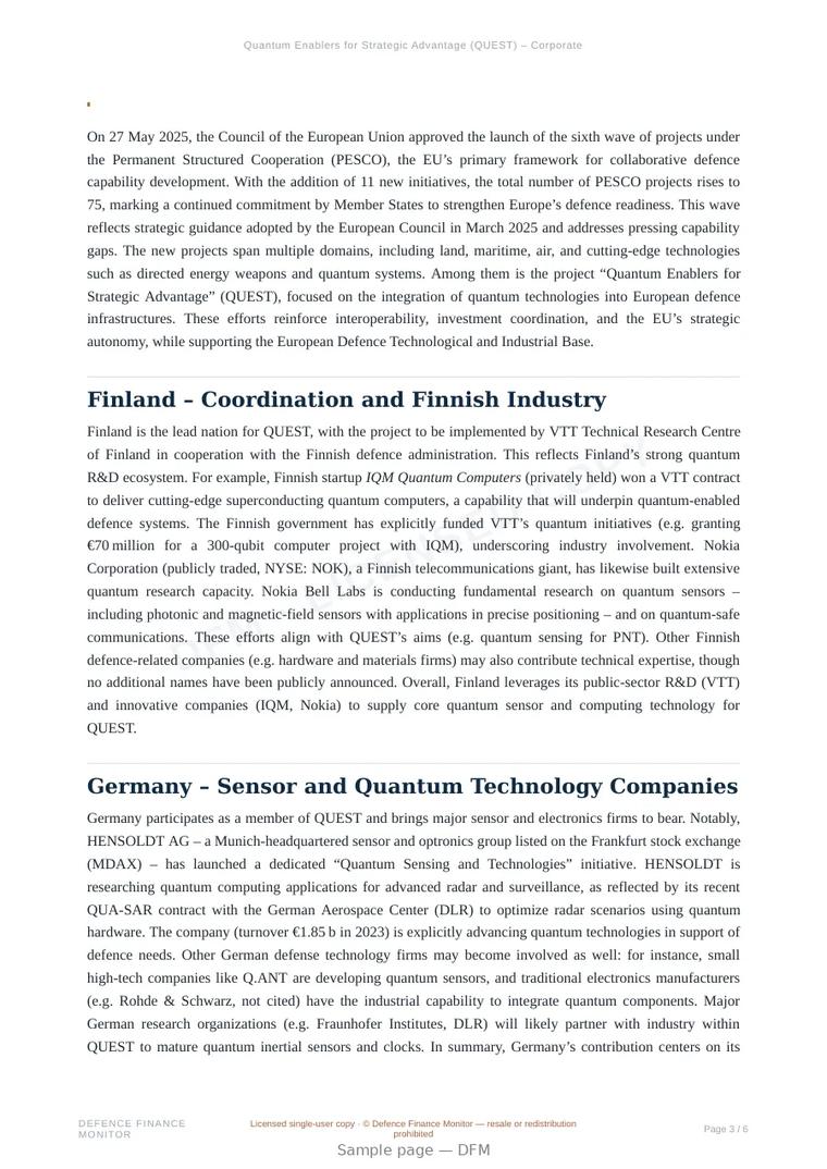 Sample page from “Quantum Enablers for Strategic Advantage (QUEST) – Corporate Participation” — 7-page report