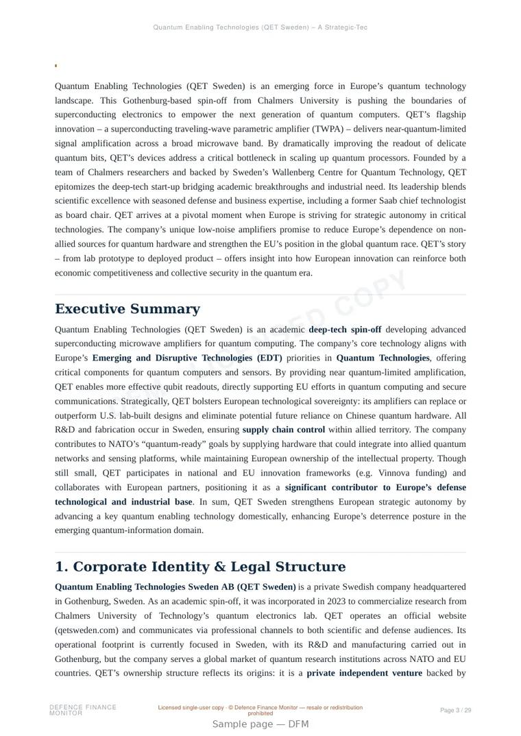 Sample page from “Quantum Enabling Technologies (QET Sweden) — Sweden quantum company” — 30-page report