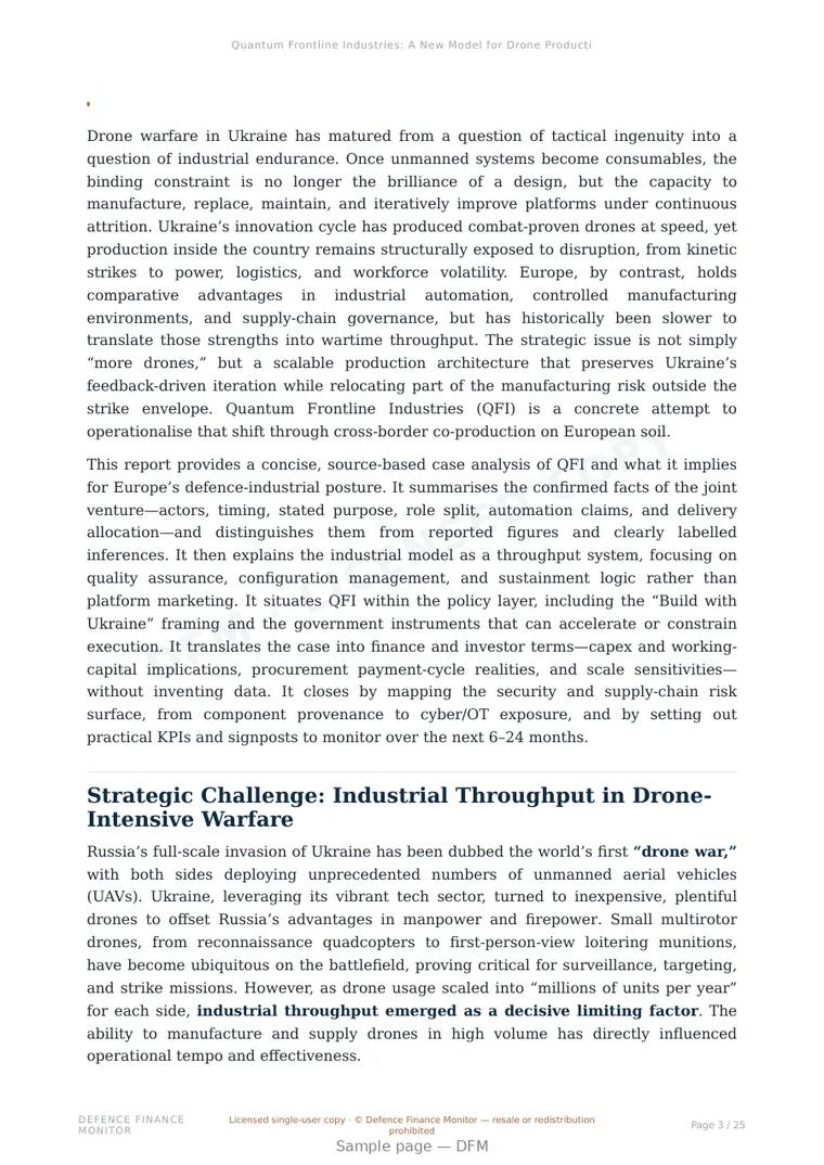 Sample page from “Quantum Frontline Industries: A New Model for Drone Production in Wartime” — 26-page report