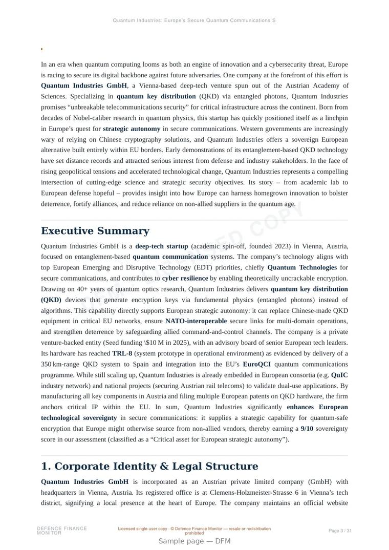 Sample page from “Quantum Industries: Europe’s Secure Quantum Communications Spin-off” — 32-page report