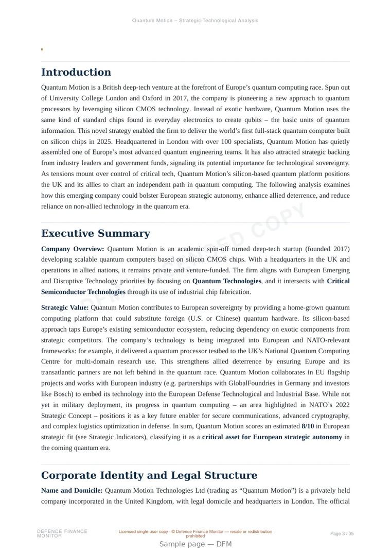 Sample page from “Quantum Motion — United Kingdom quantum company” — 36-page report