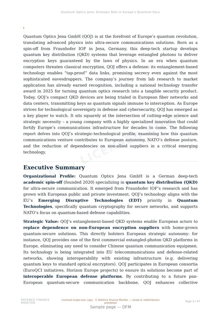 Sample page from “Quantum Optics Jena: Strategic Role in Europe’s Quantum-Secure Communications” — 48-page report