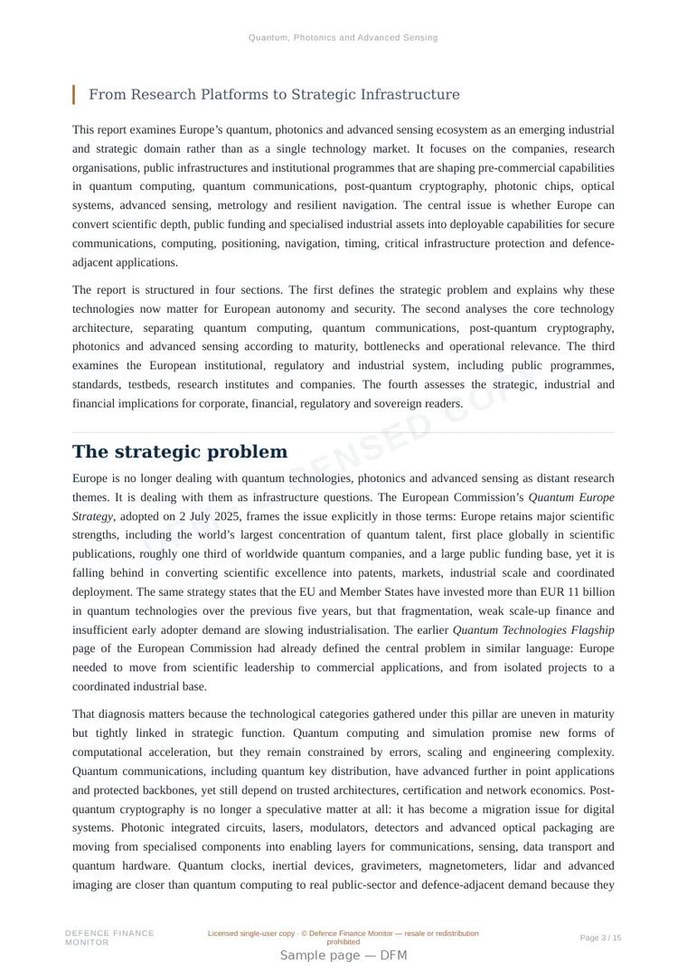 Sample page from “Quantum, Photonics and Advanced Sensing” — 16-page report