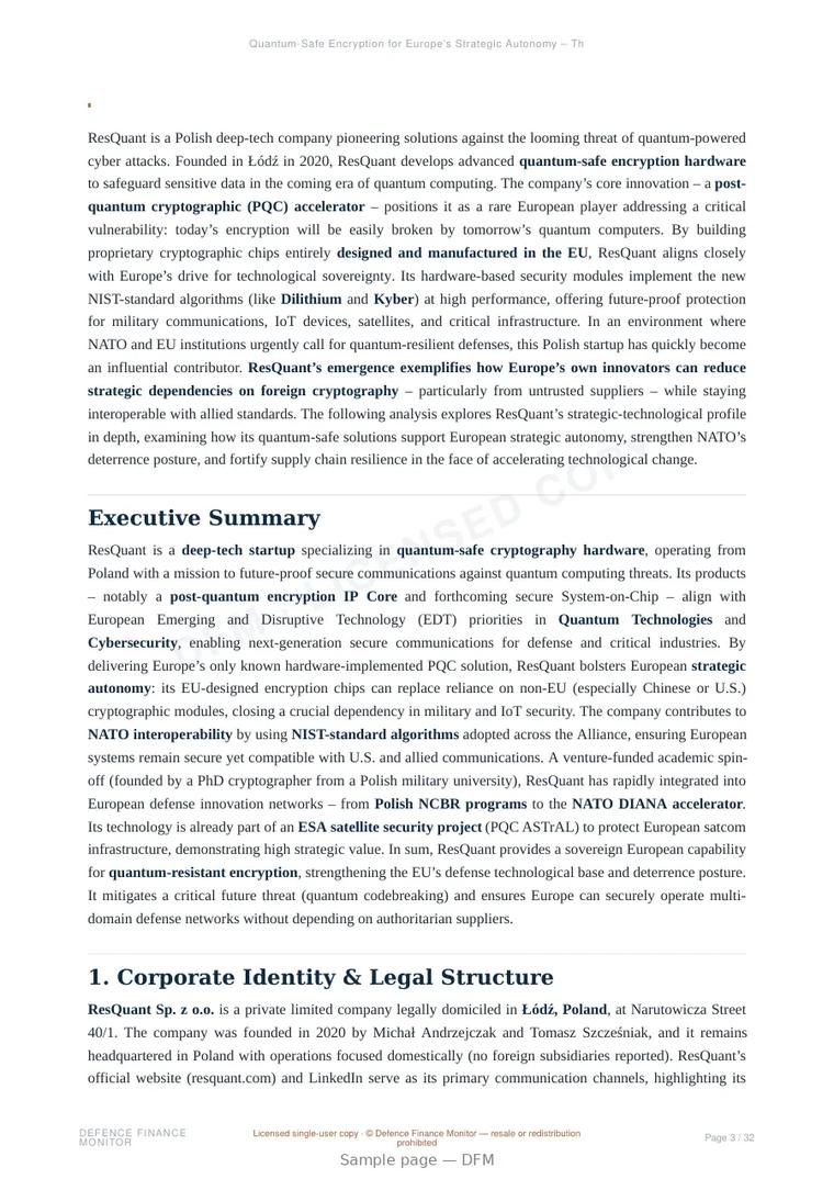 Sample page from “Quantum-Safe Encryption for Europe’s Strategic Autonomy – The Case of ResQuant (Poland)” — 33-page report